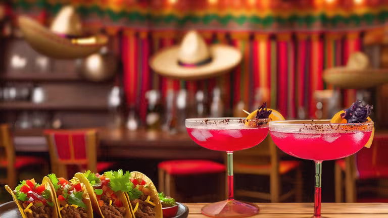 Typiska tex-mex-tacos och dekorationer från taco-bar i USA.