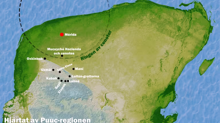 Karta över Puuc-regionen i Yucatán. Bild Nasa / Henric Carlsson / Mexikanskt.se