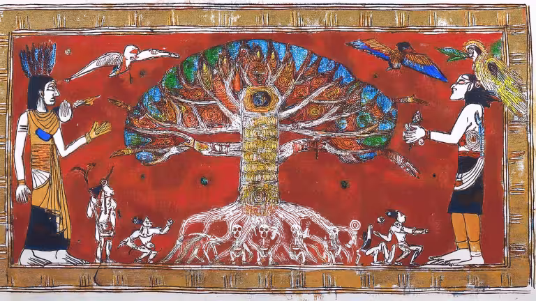 Yaxché – det heliga ceiba-trädet – förenar i maya-kosmologin tre världar: himlen ovan, människornas jord och underjorden Xibalba vid rötterna.