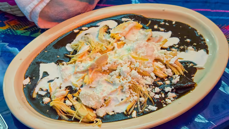 Enchiladas med Mole (Enmoladas) serverade i San Pedro Atocpan