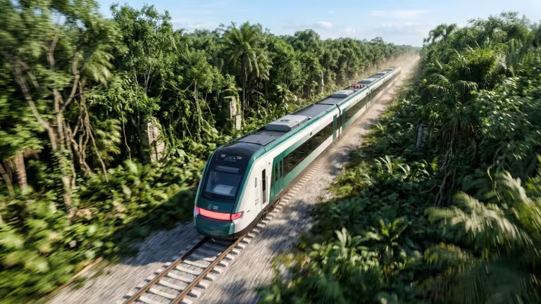 Tåg som färdas genom djungeln i Yucatán